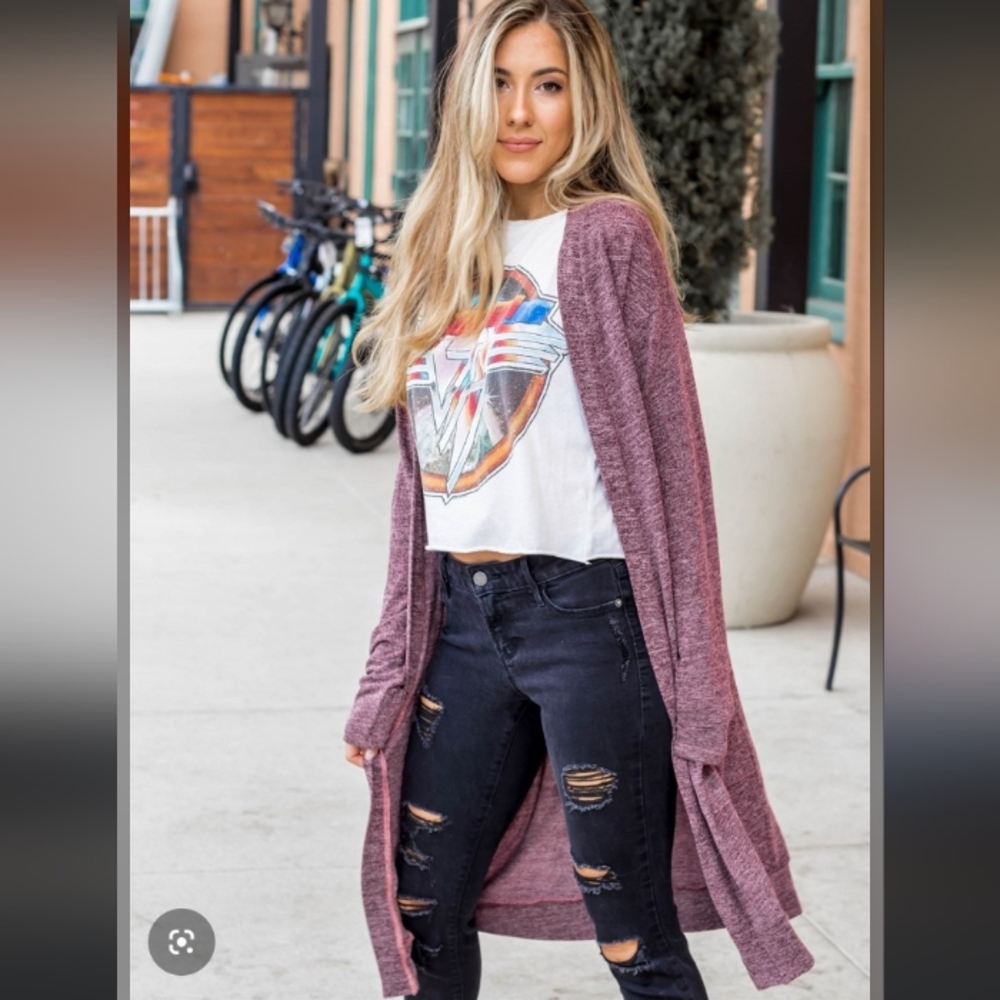 Tickled Teal Heather Mauve Open Front Cardigan